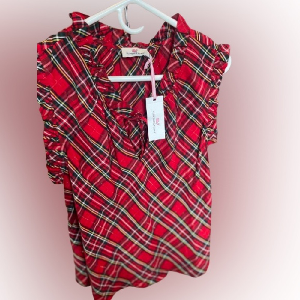 Vineyard Vines red plaid ruffled shirt